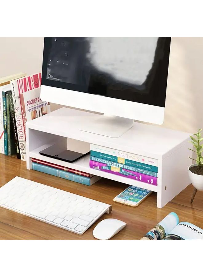 White Wooden Monitor Stand Riser With Adjustable Shelf And Storage Organizer - Image 5